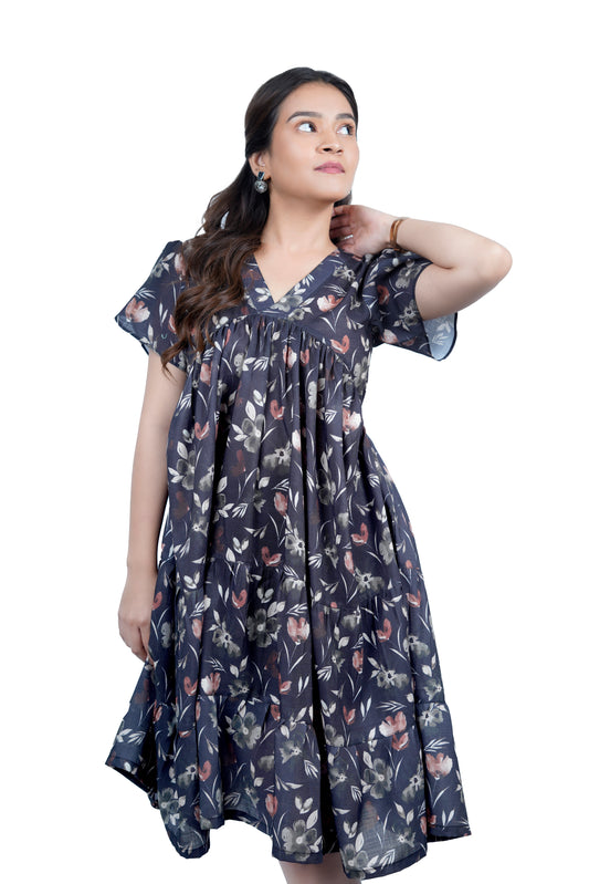 Midnight Bloom Flared V-Neck Floral Dress