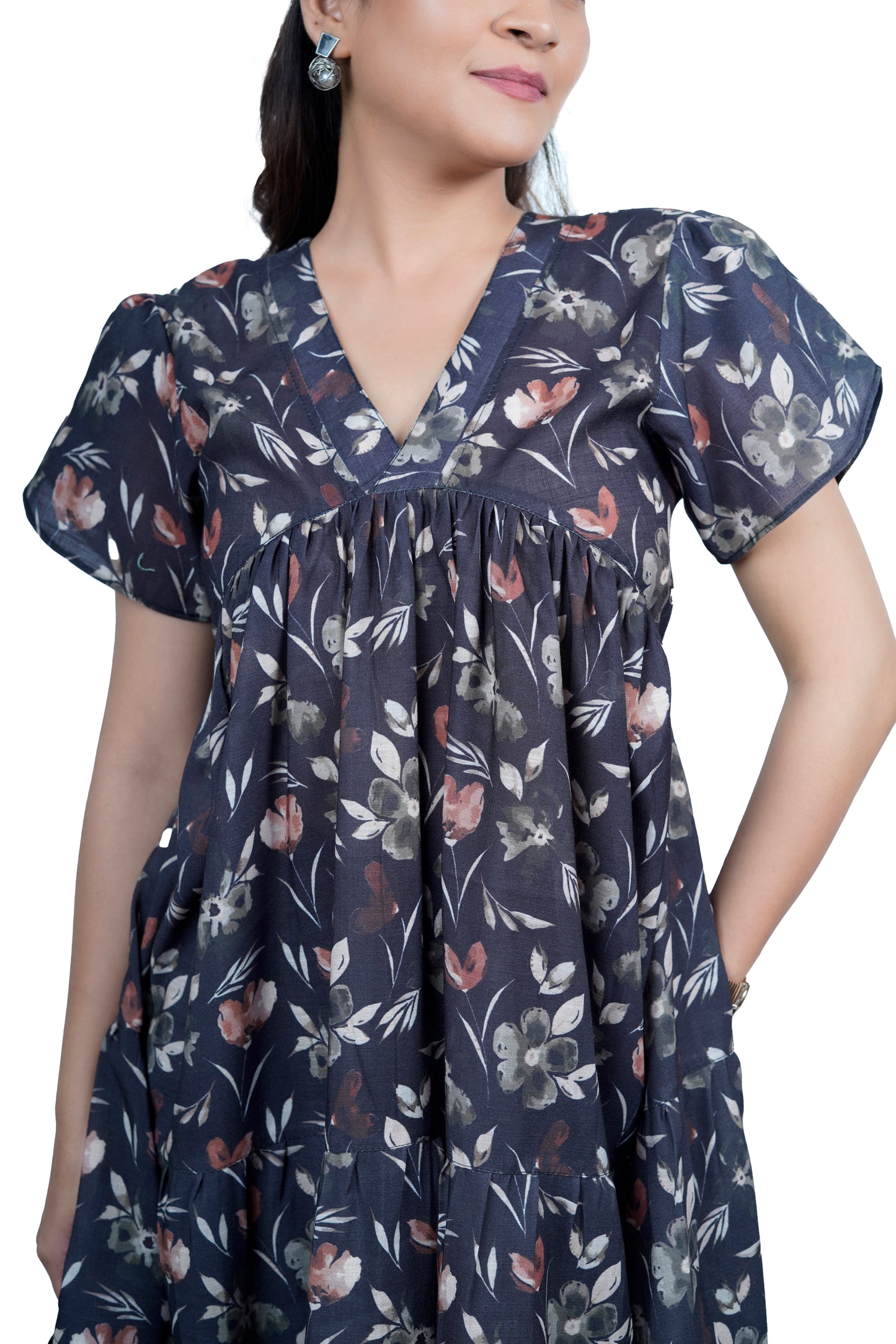 Midnight Bloom Flared V-Neck Floral Dress