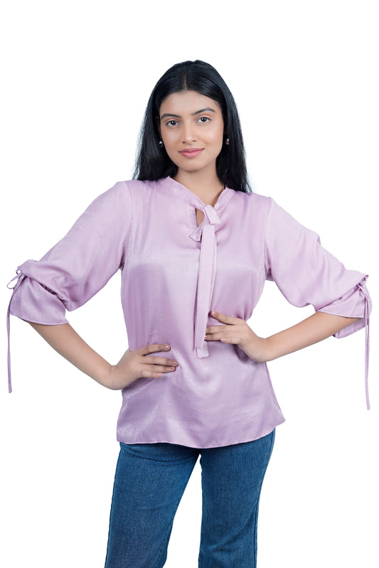 Lavender Satin Tie-Neck Blouse