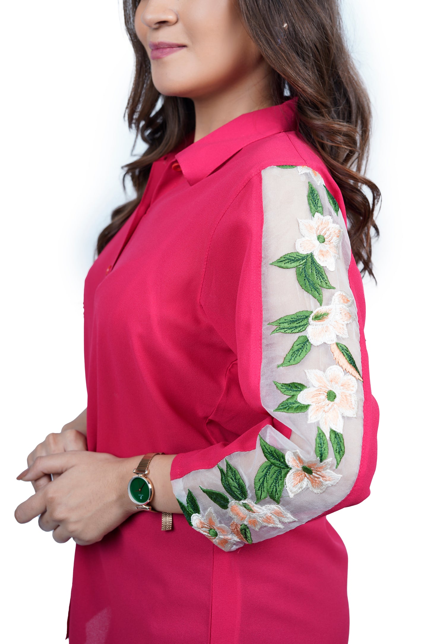 Women’s Solid Fuchsia Pink Shirt with Embroidered Sleeve Detail