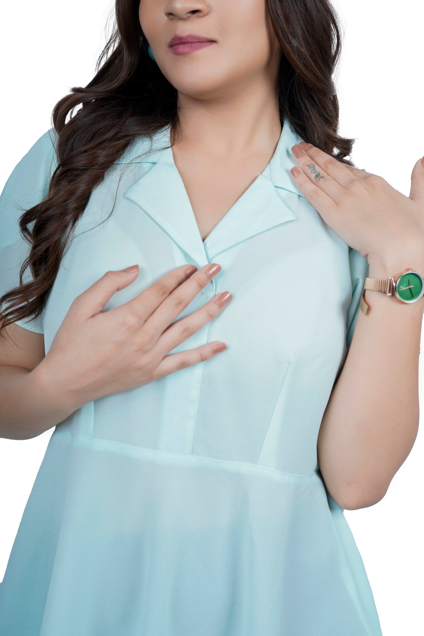 Women’s Mint Green Flared Shirt Top with Collared Neck