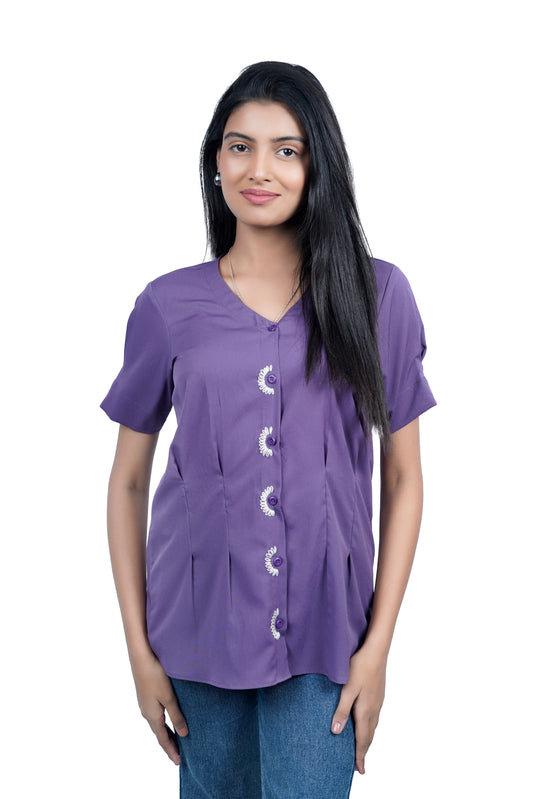 Women’s Purple V-Neck Button-Down Top with Floral Embellishments