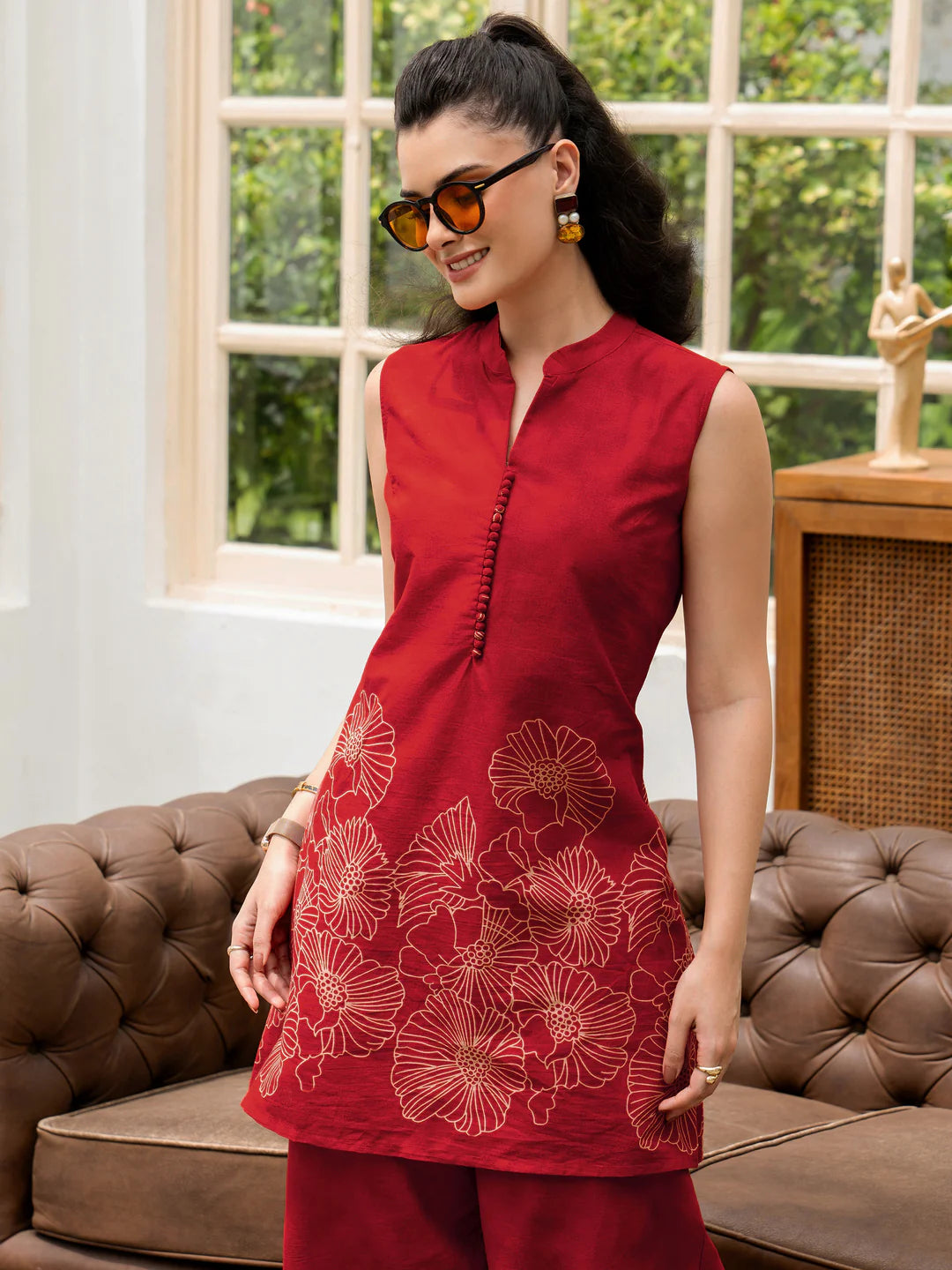 Elegant Red Co-Ord Set with Belted Shirt & Wide-Leg Pants