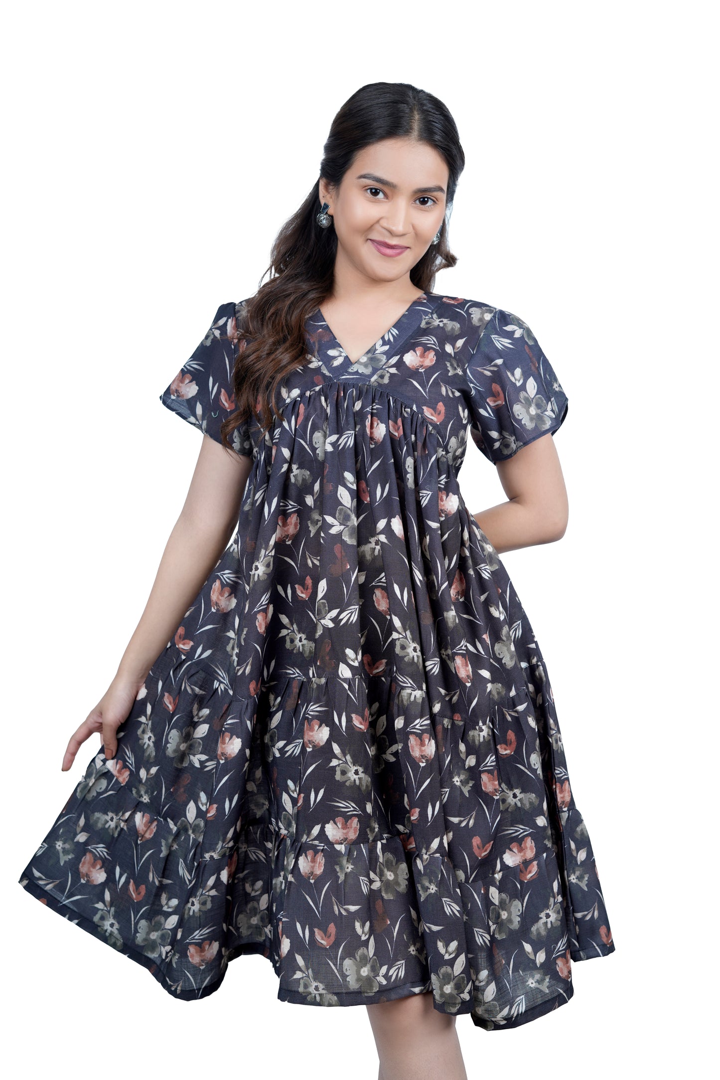 Midnight Bloom Flared V-Neck Floral Dress