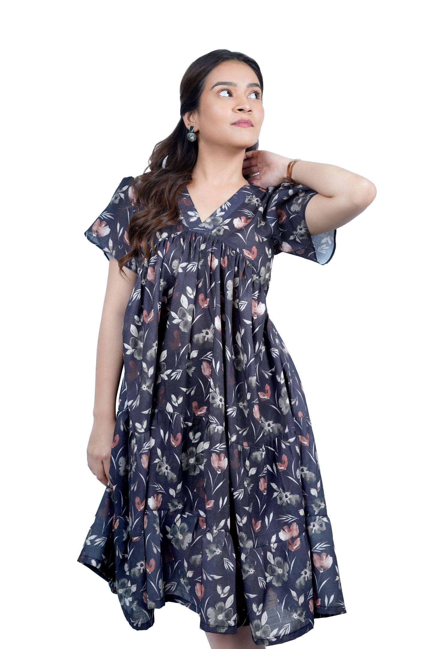 Midnight Bloom Flared V-Neck Floral Dress