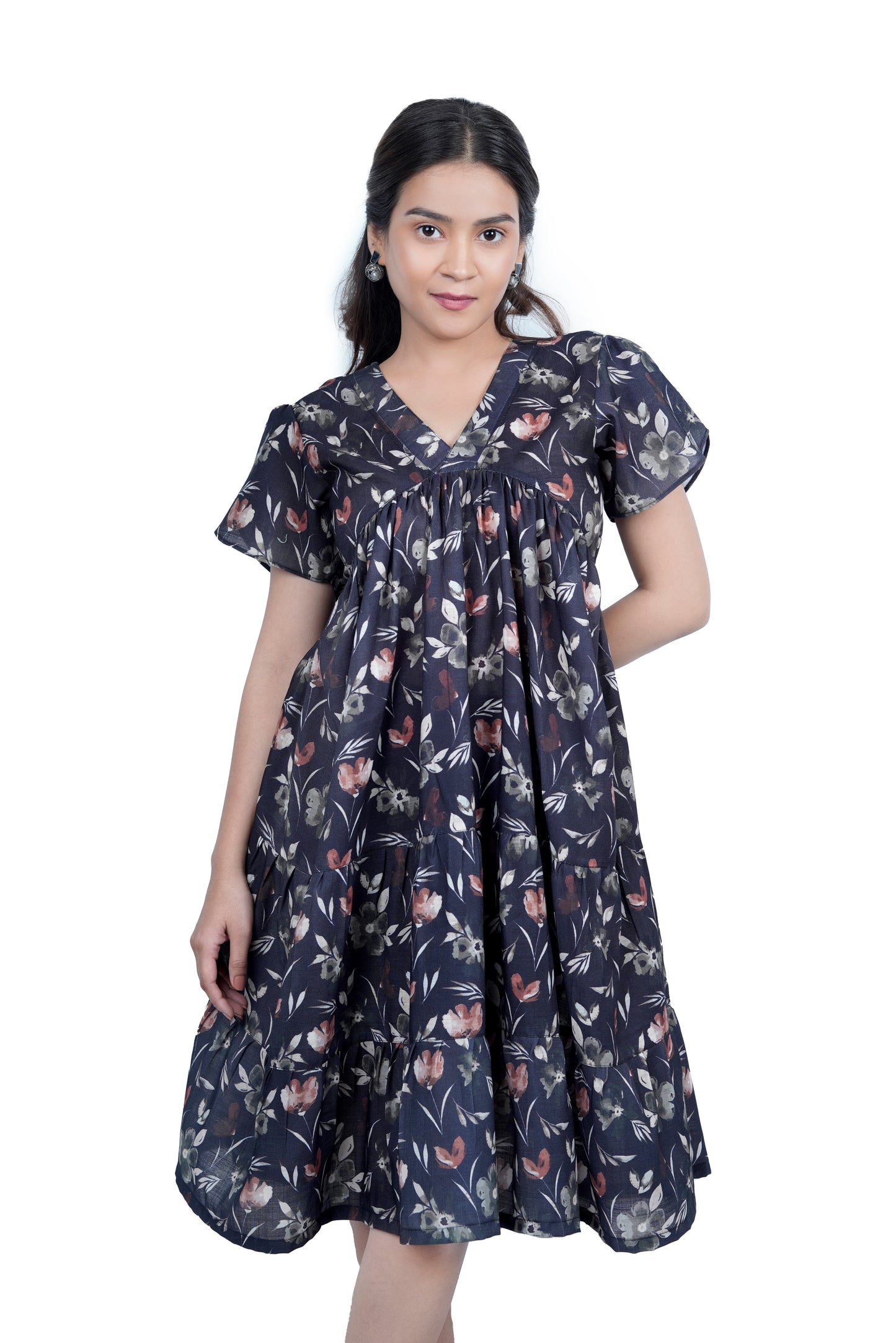 Midnight Bloom Flared V-Neck Floral Dress