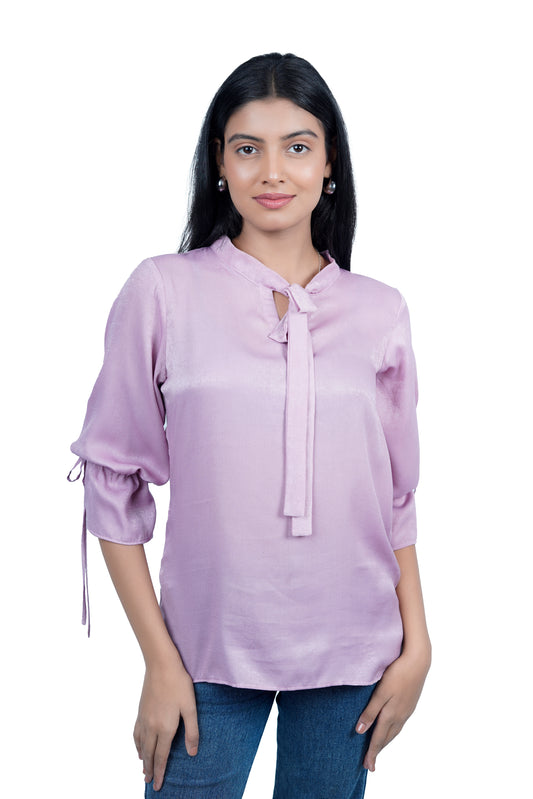 Lavender Satin Tie-Neck Blouse