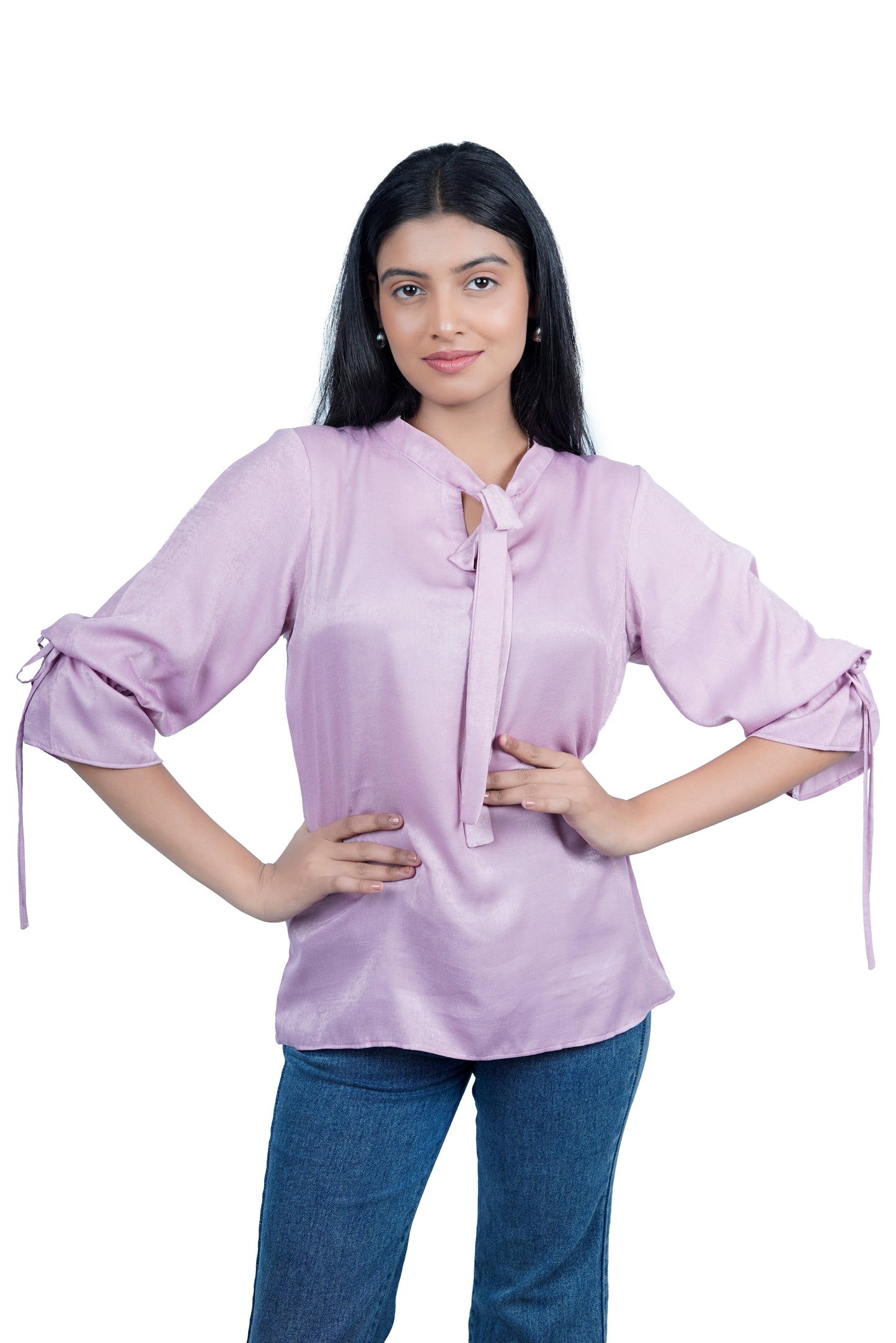 Lavender Satin Tie-Neck Blouse