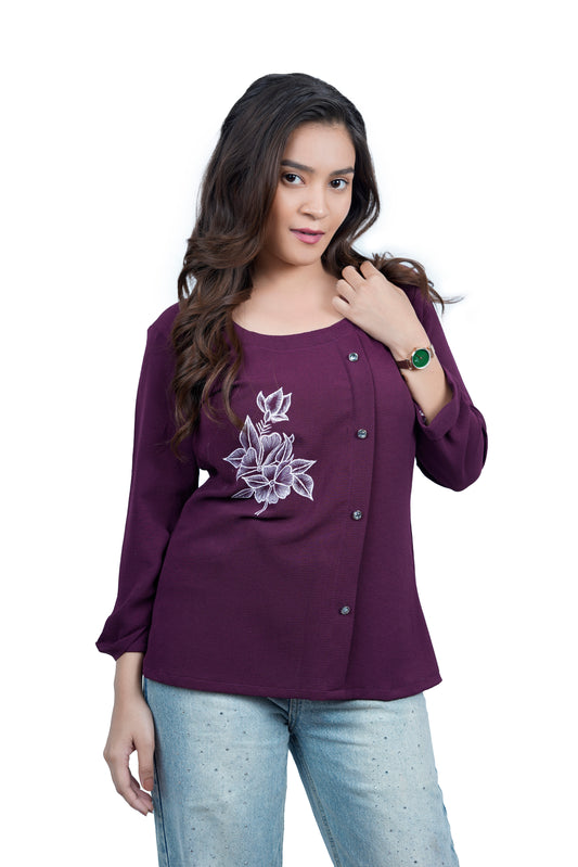 Plum Embroidered Asymmetric Button-Down Top