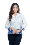 White & Blue Contrast-Collar Floral Hem Shirt