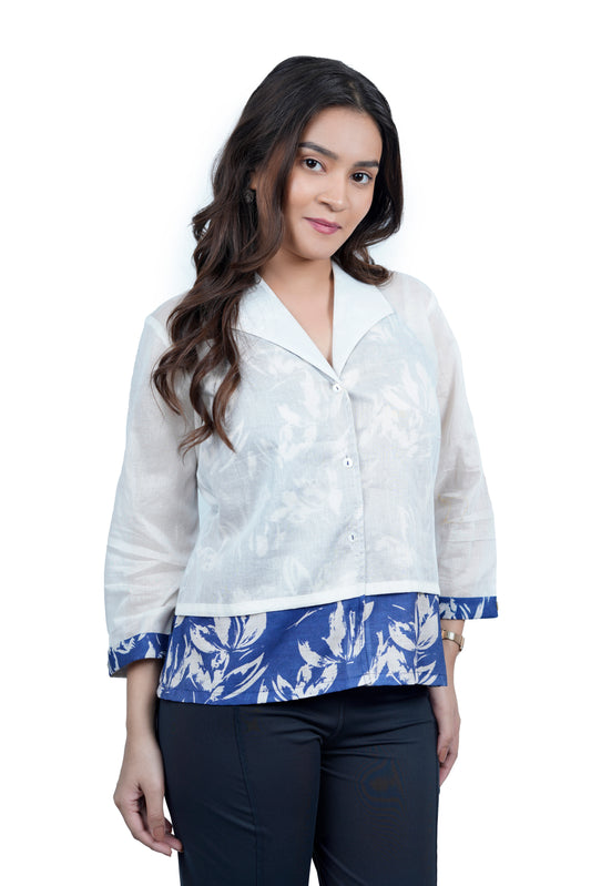 White & Blue Contrast-Collar Floral Hem Shirt