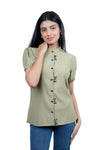 Olive Green Mandarin-Collar Top with Panda Embroidery