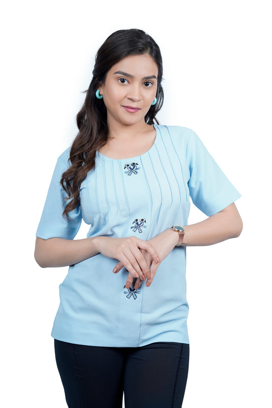 Women’s Light Blue Embroidered Casual Top