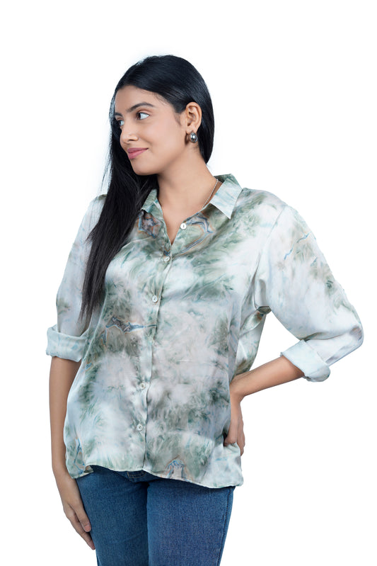 Women’s Green Marble Print Satin Shirt