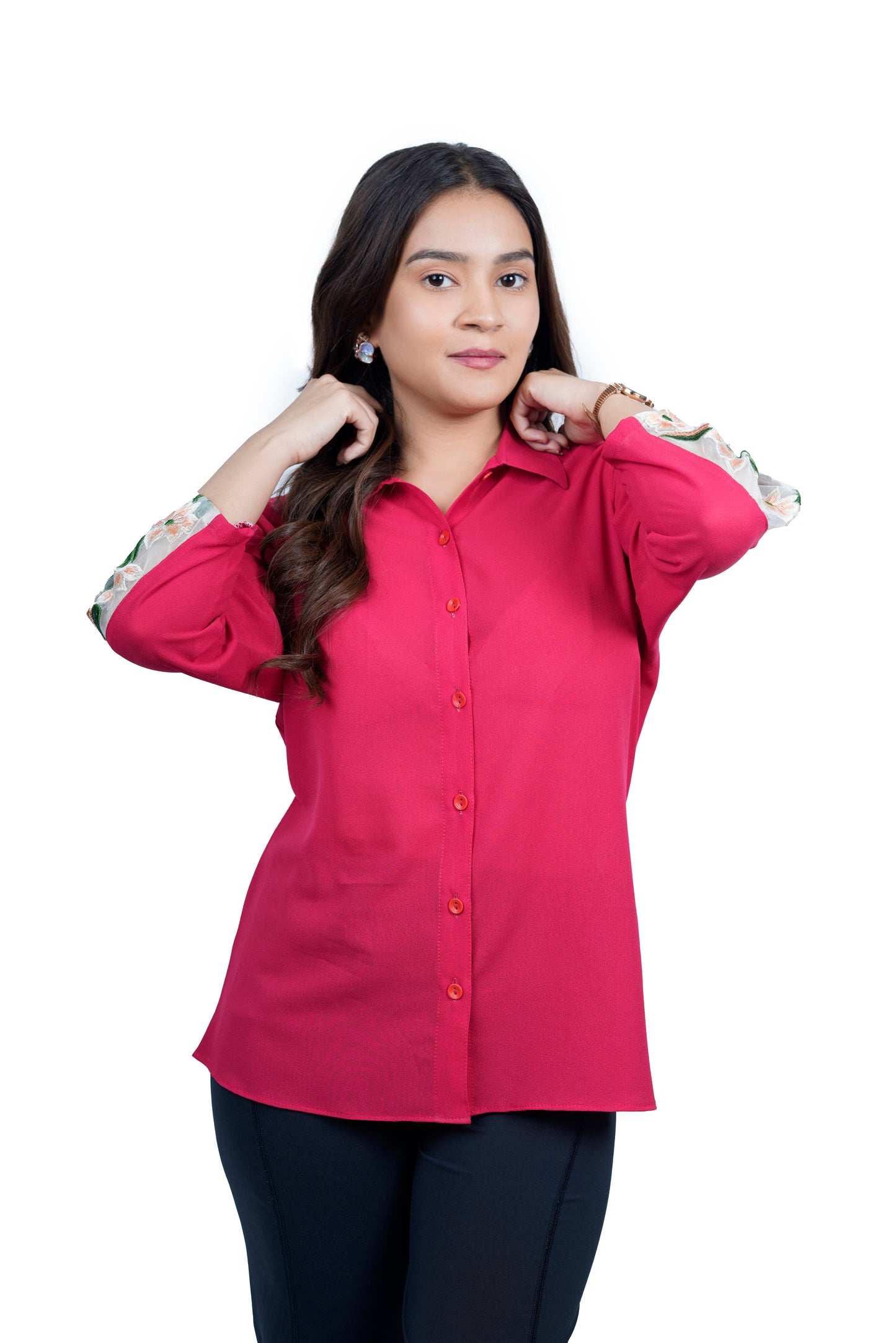 Women’s Solid Fuchsia Pink Shirt with Embroidered Sleeve Detail