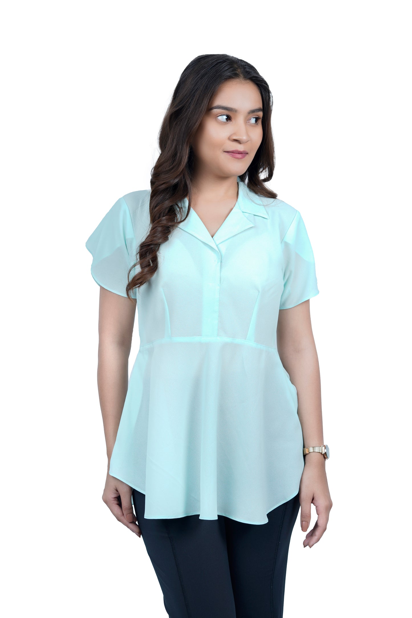 Women’s Mint Green Flared Shirt Top with Collared Neck