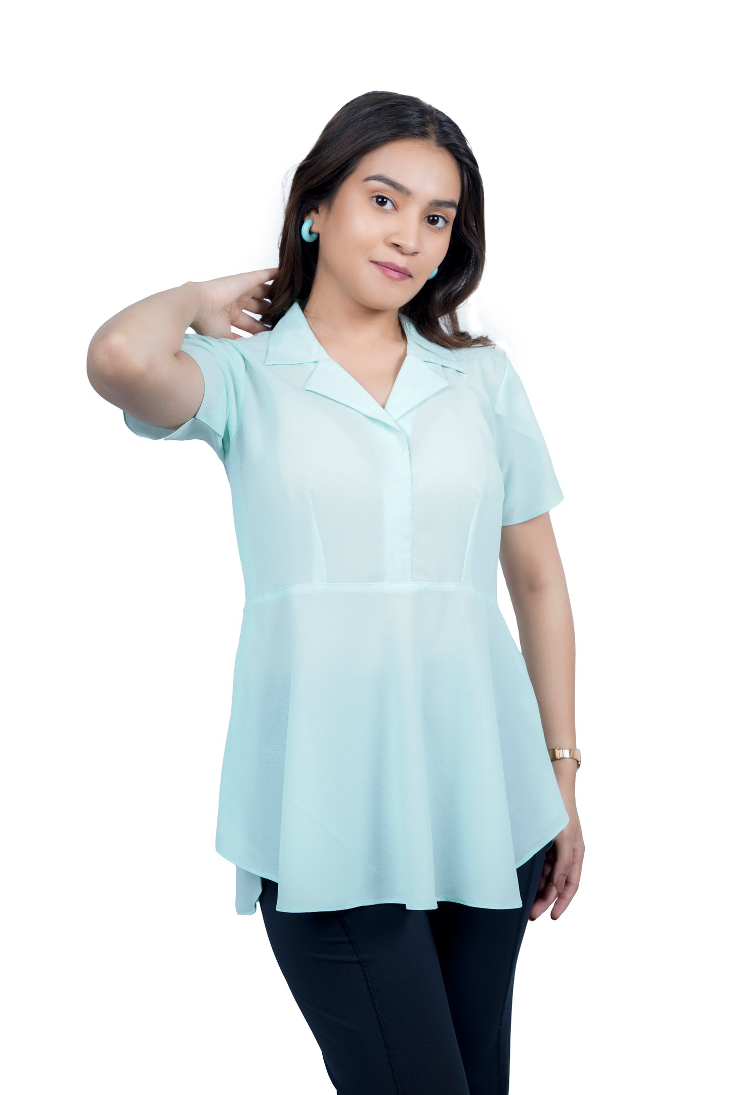 Women’s Mint Green Flared Shirt Top with Collared Neck