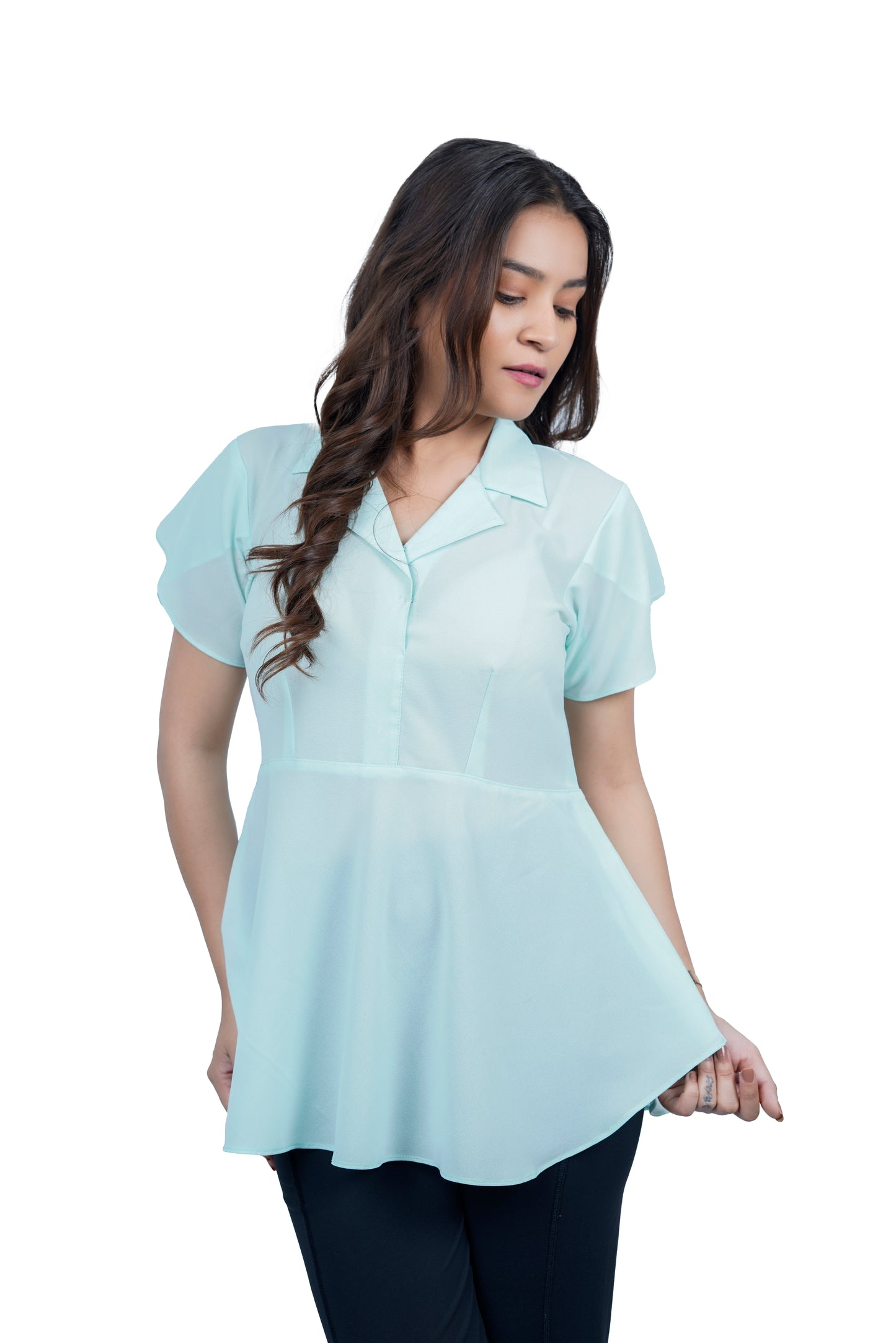 Women’s Mint Green Flared Shirt Top with Collared Neck