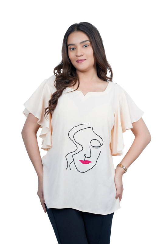 Women’s Cream Artistic Face Embroidered Top with Ruffle Sleeves