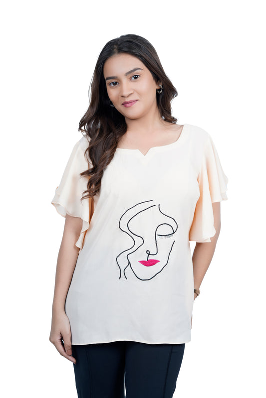 Women’s Cream Artistic Face Embroidered Top with Ruffle Sleeves
