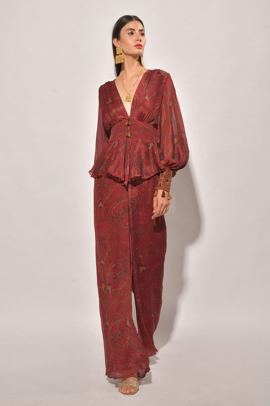 Designer Maroon Floral Print Peplum Top with Wide-Leg Palazzo Pant Set