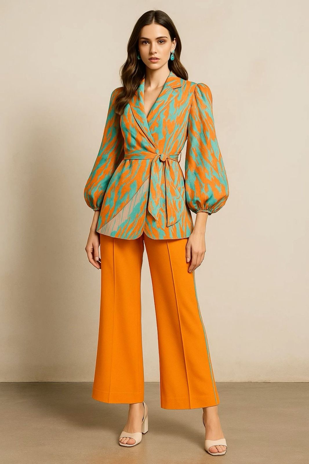 Vibrant Orange & Teal Printed Peplum Co-Ord Set with Puff Sleeves