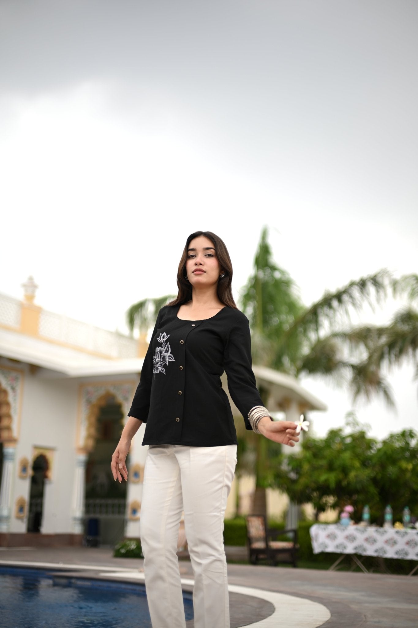 Iris Hand Printed Top- Coal - BURANSHH