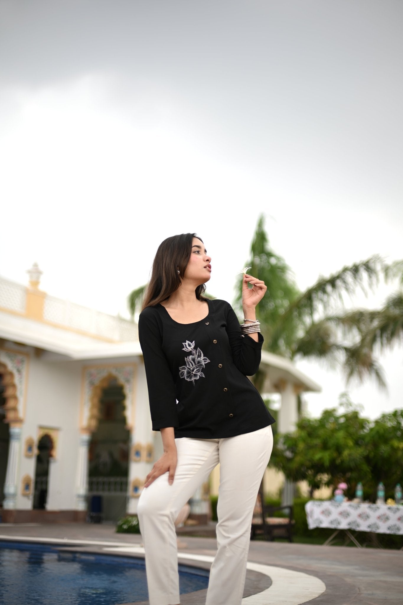 Iris Hand Printed Top- Coal - BURANSHH